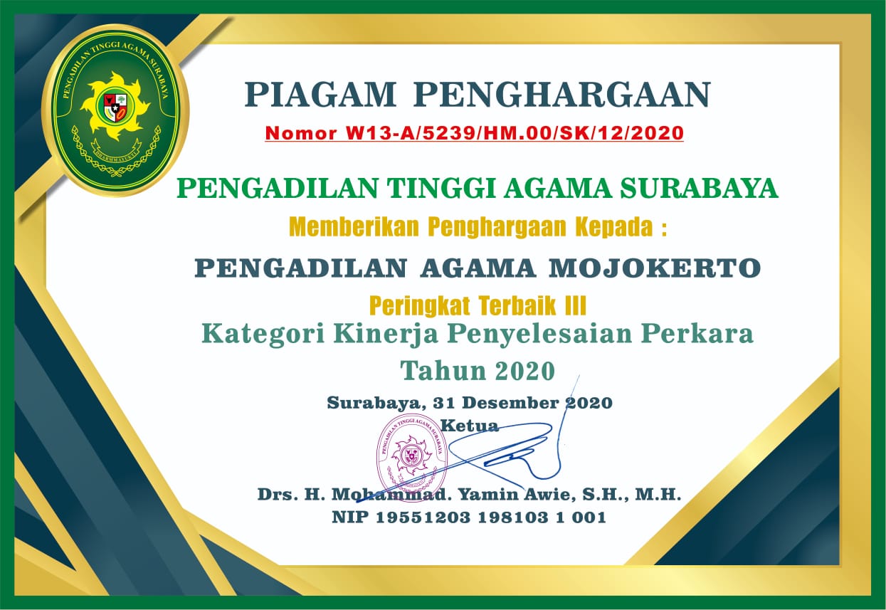Peringkat 3 Penyelesaian Perkara 2020 PTA Surabaya